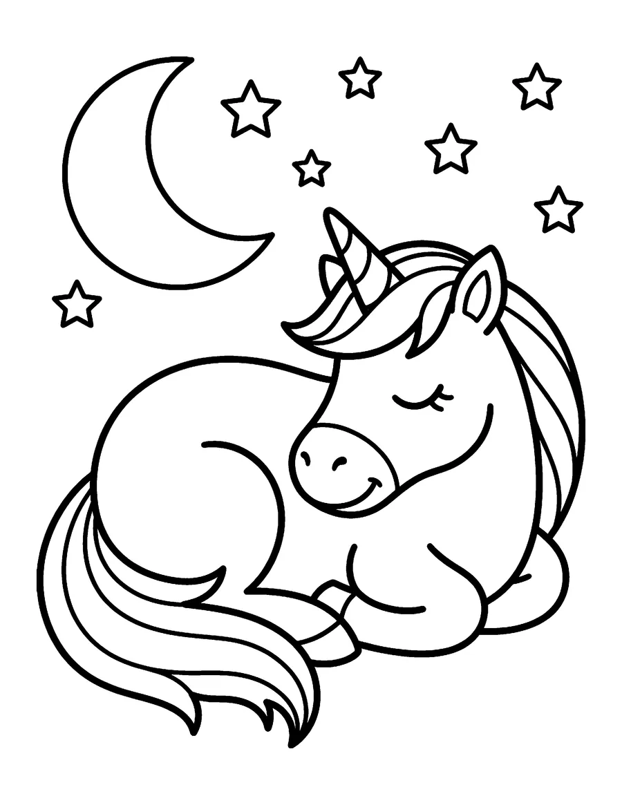 Coloring page: Sleeping unicorn under the moon