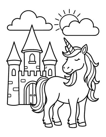 Coloring page: Unicorn by a castle