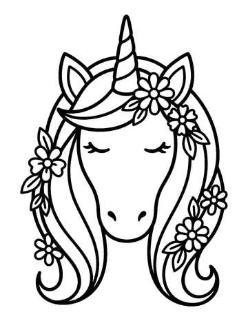 Coloring page: Unicorn head with flowers in its mane