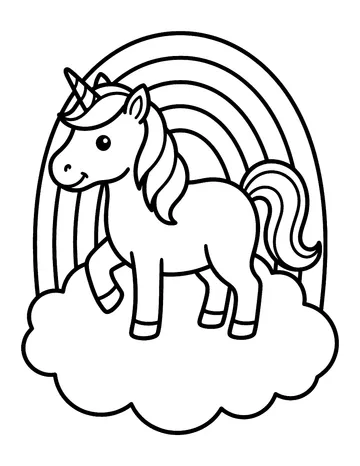 Coloring page: Unicorn standing on a cloud with a rainbow