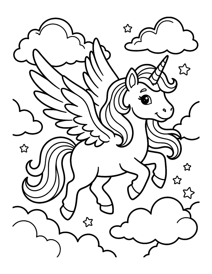 Coloring page: Winged pegasus unicorn flying through fluffy clouds