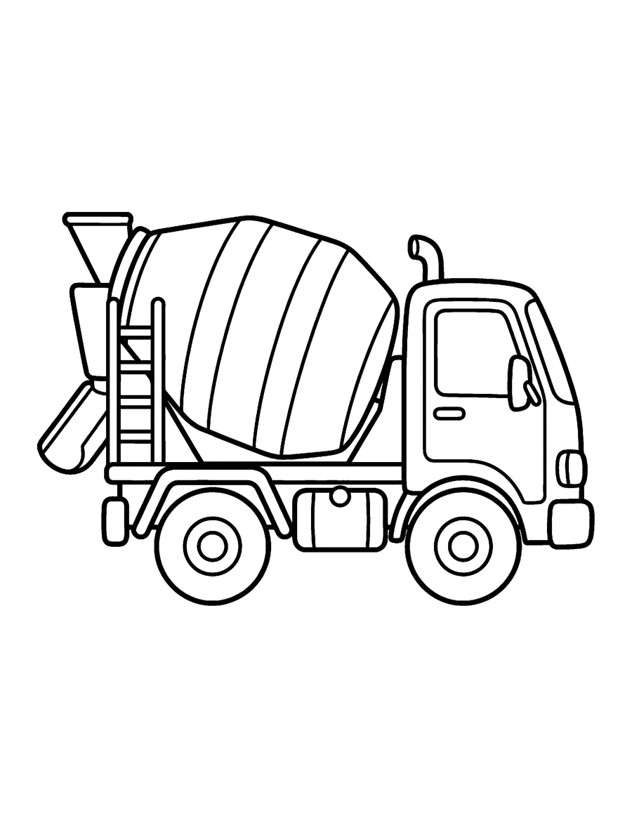 Coloring page: Cement mixer truck with a striped drum
