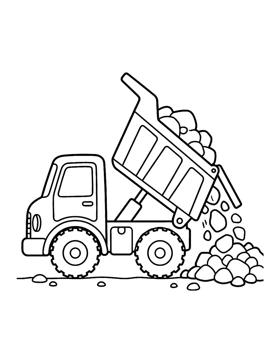 Coloring page: Dump truck tipping a load of gravel