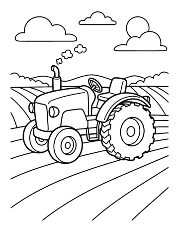 Coloring page: Farm tractor rolling across a plowed field