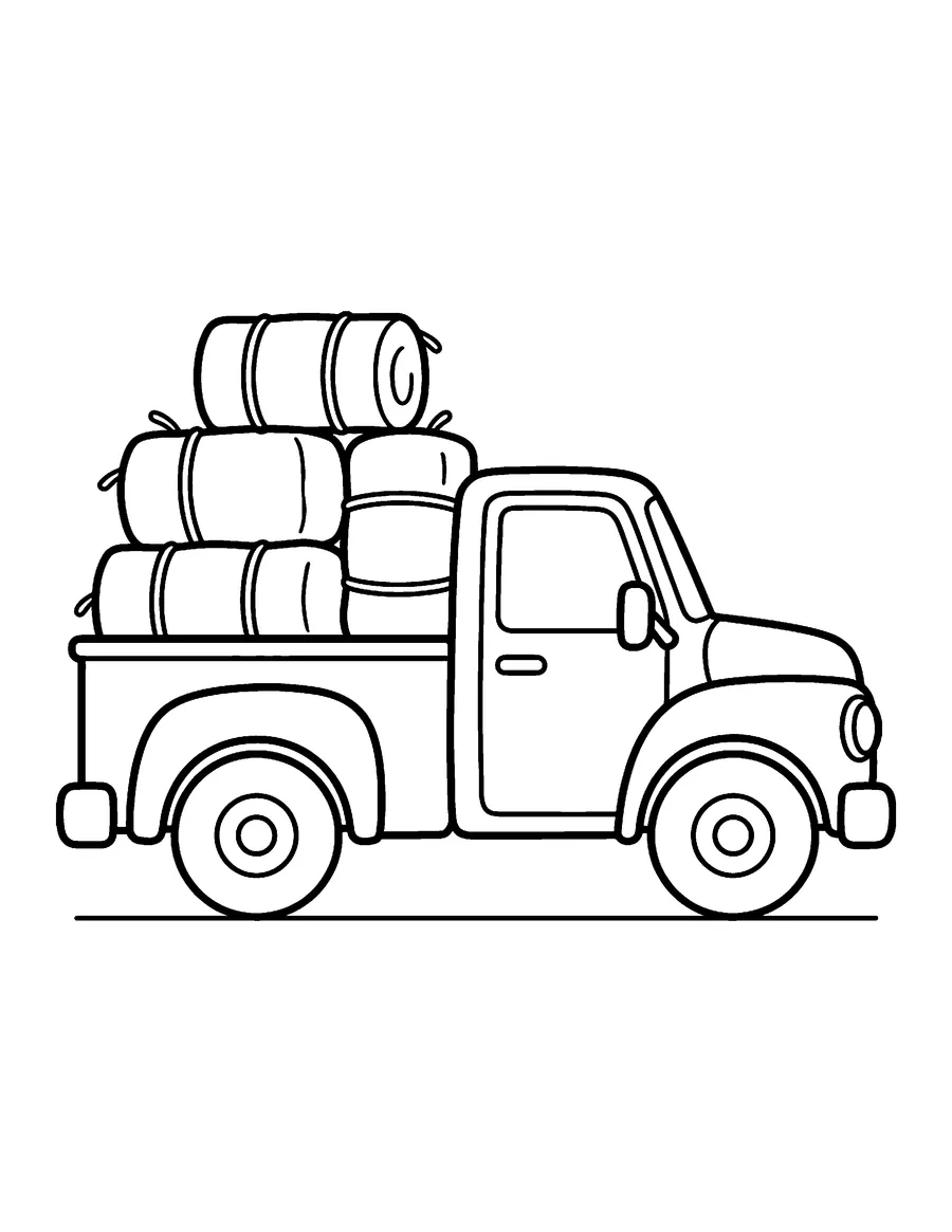 Coloring page: Pickup truck hauling hay bales