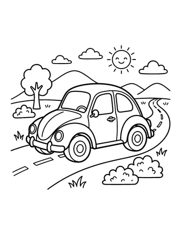 Coloring page: Rounded compact car driving down a road