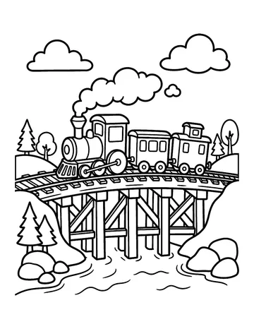 Coloring page: Steam train chugging over a wooden bridge